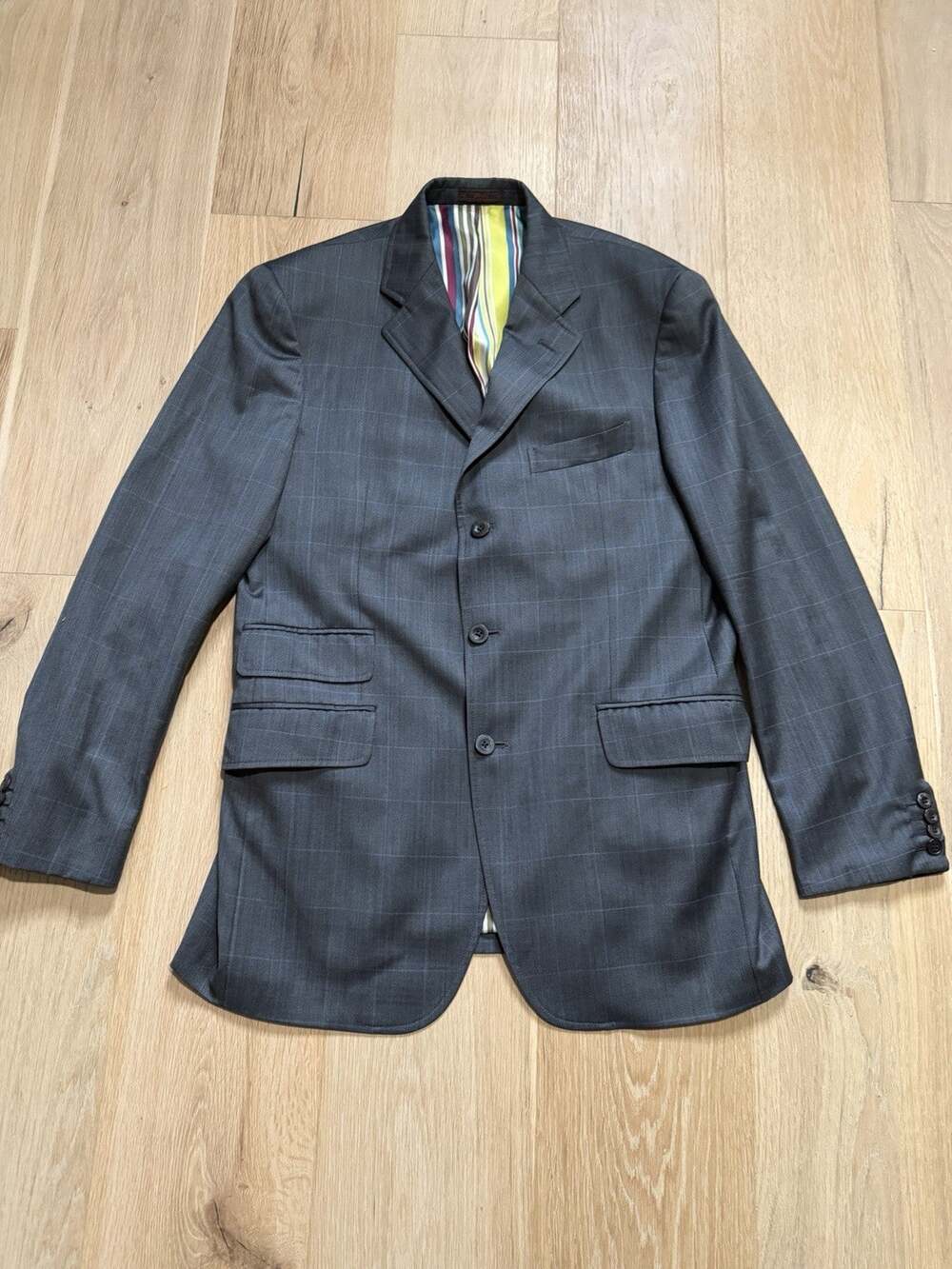 ETRO Milano Italy Gray Check Plaid 100% Silk Lined Blazer 3 Button Jacket EU 52